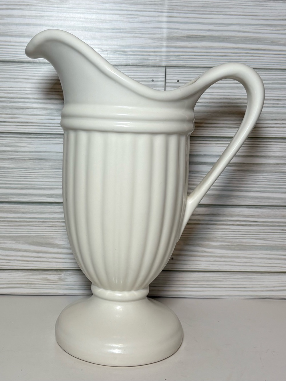 Vintage Royal Haeger Pitcher Vase White Ribbed Neoclassic Farmhouse Decor 9.5”